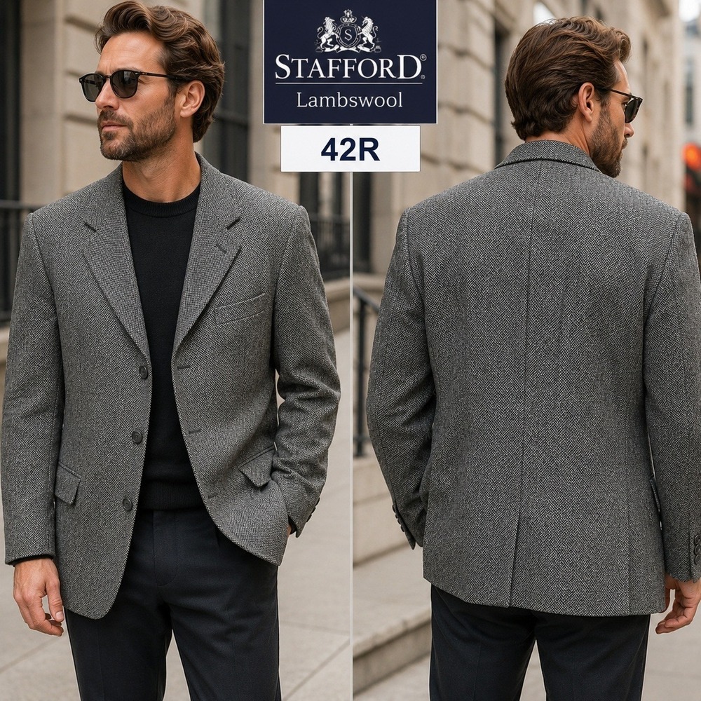 Stafford Mens 42R Lambswool Blazer Grey Herringbone Sport‎ Coat 3 Button 06400-6